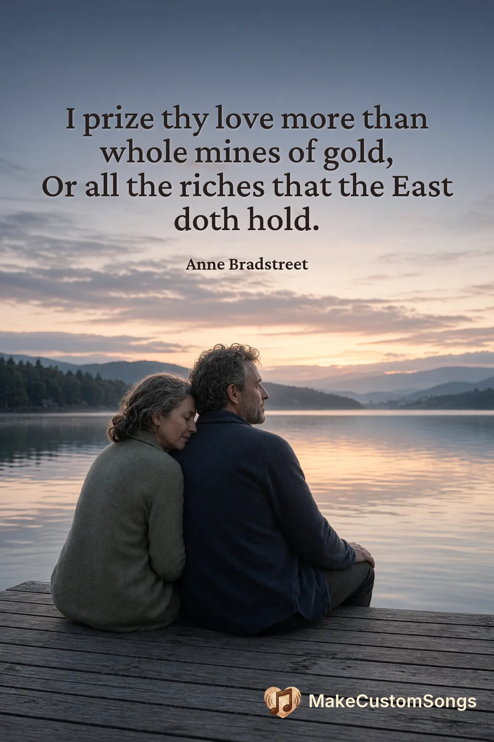 I prize thy love more than whole mines of gold,
Or all the riches that the East doth hold. — Anne Bradstreet
