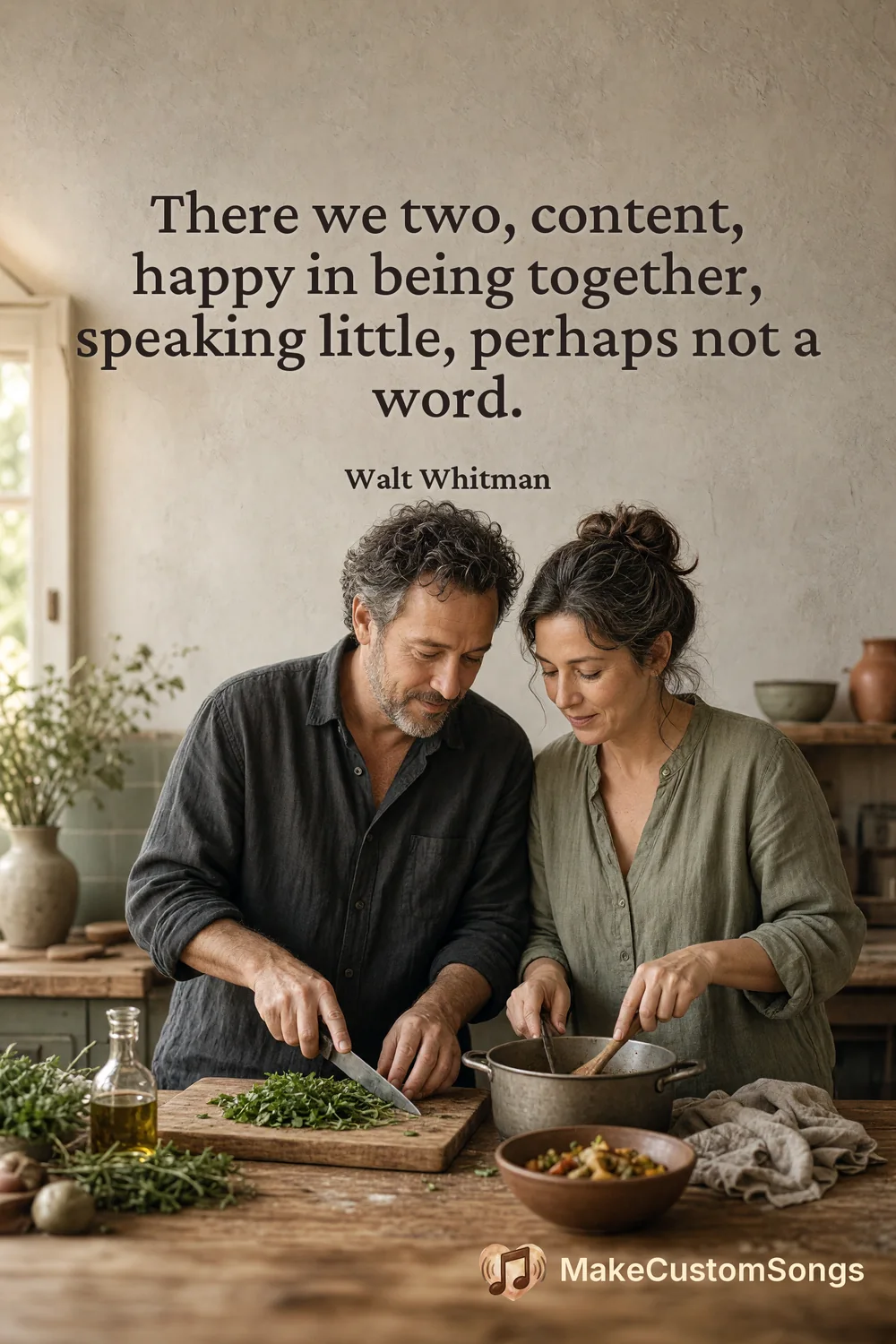 There we two, content, happy in being together, speaking little, perhaps not a word. — Walt Whitman