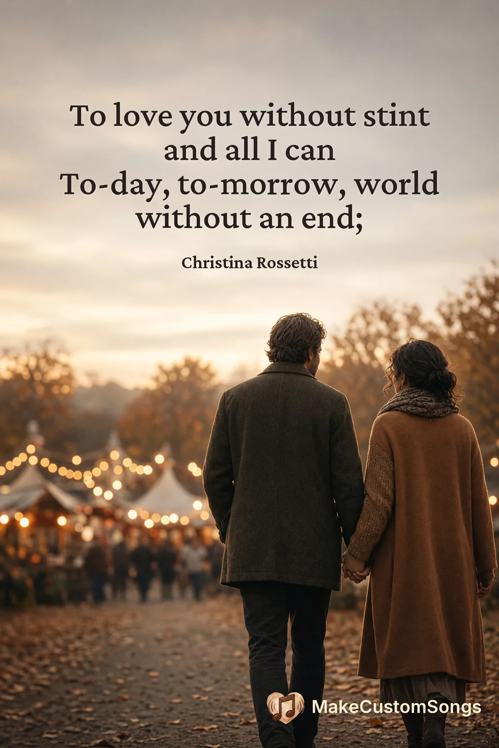 To love you without stint and all I can
To-day, to-morrow, world without an end; — Christina Rossetti