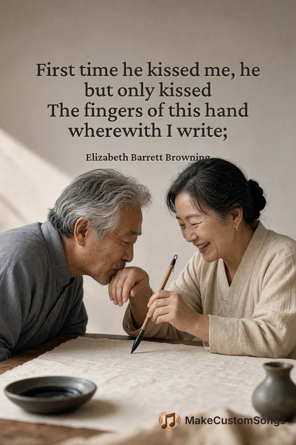First time he kissed me, he but only kissed
The fingers of this hand wherewith I write; — Elizabeth Barrett Browning