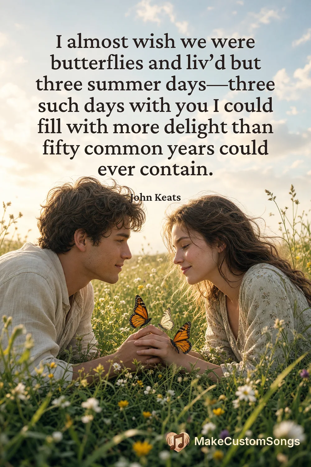 I almost wish we were butterflies and liv’d but three summer days—three such days with you I could fill with more delight than fifty common years could ever contain. — John Keats