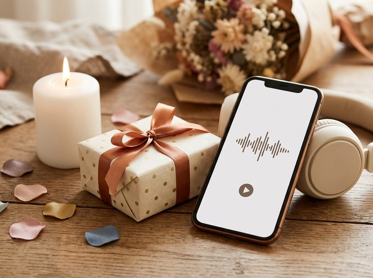 Birthday gift moment with headphones and a personal song message