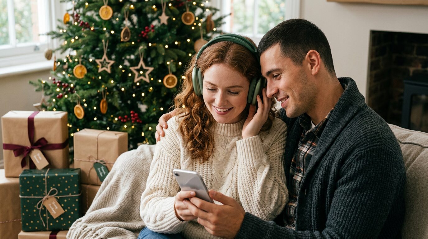 Family listening to a custom Christmas song together
