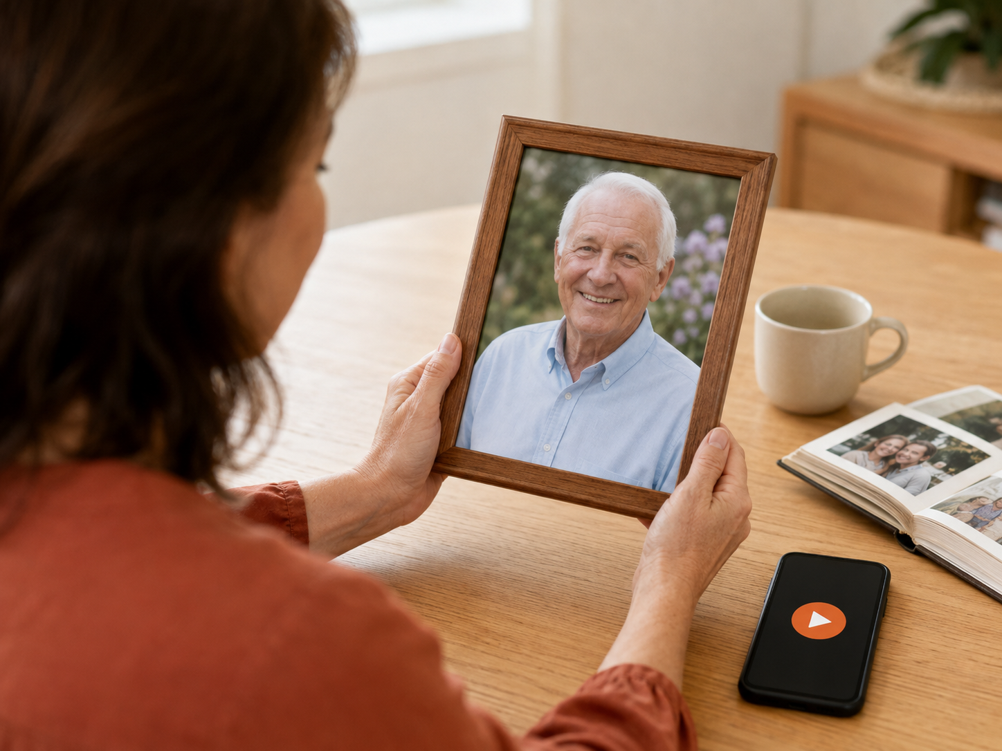 A woman remembering her father with a framed photograph and a song ready to play