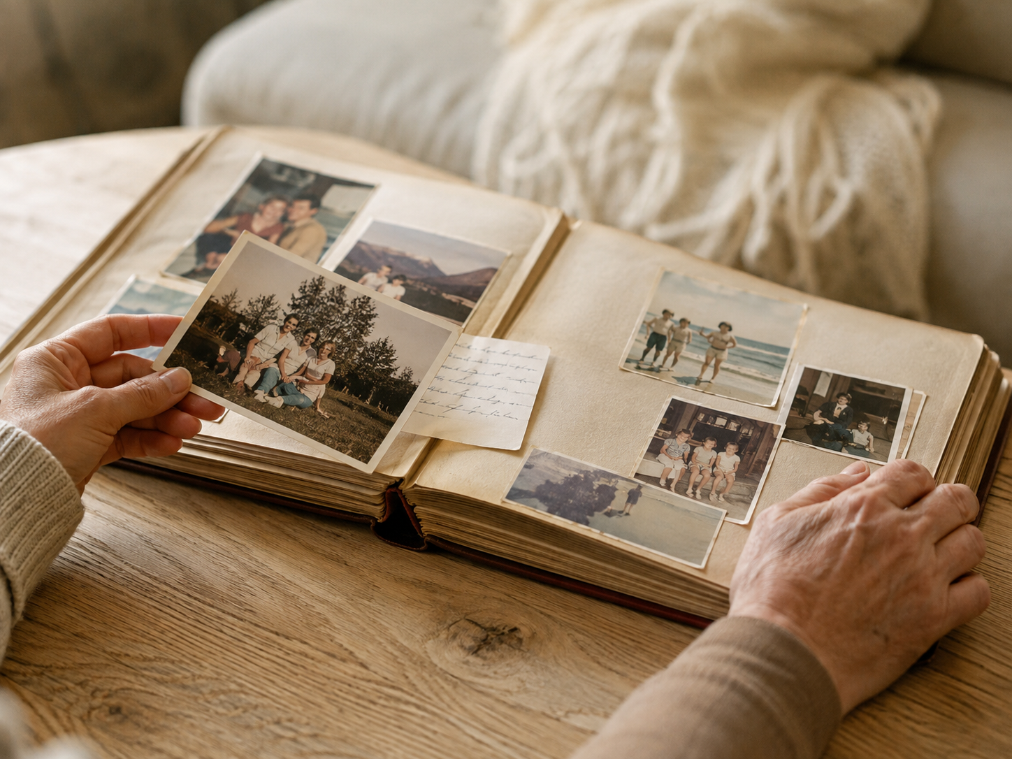 Family photographs and a handwritten note being shared over a treasured photo album