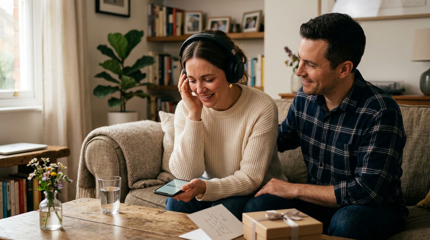 Wife listening to a custom song gift from her partner