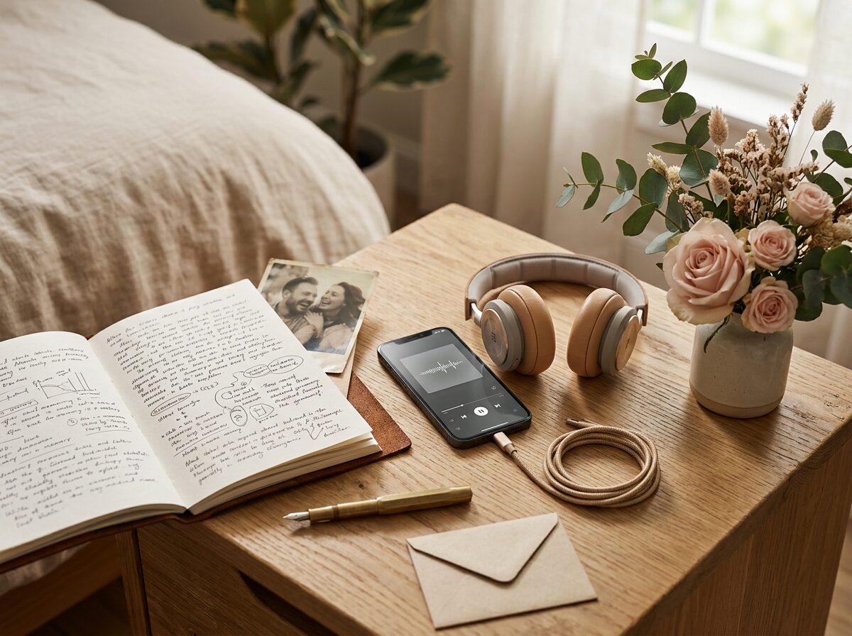 Romantic song gift with handwritten memories and headphones